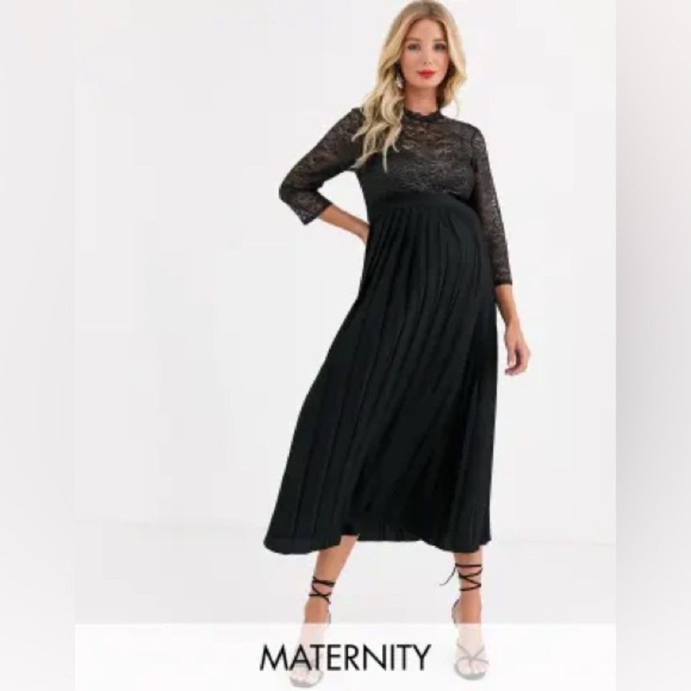 Little Miss Black Metallic Lace Pleated Maternity Dress